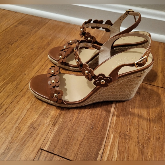 Kate Spade Brown Leather Floral Strap Espadrille Wedge Sandals 8 - Picture 4 of 10